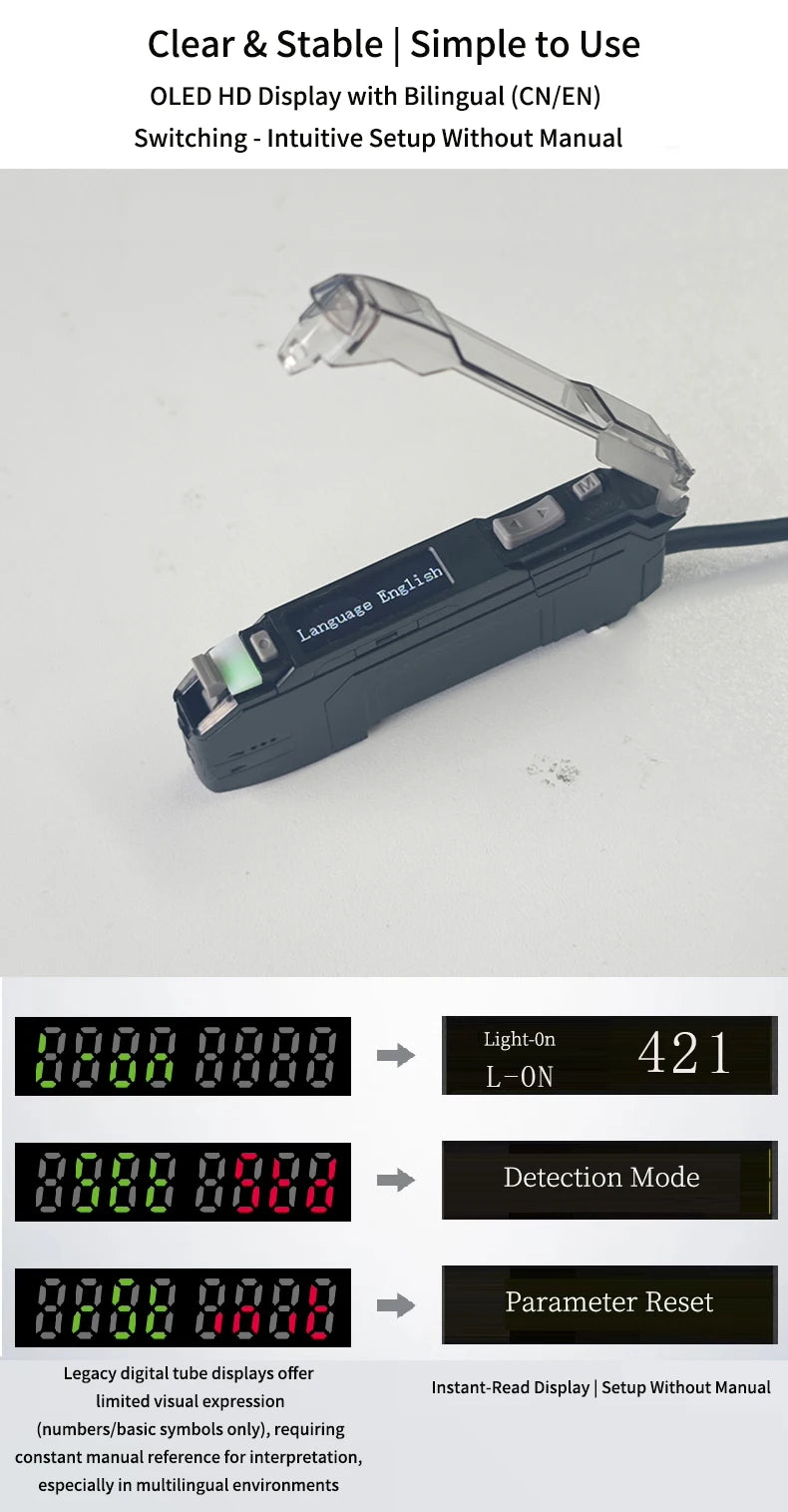 OEM Language Switch Bidirectional Diffuse Reflection Fiber Sensor Matrix Fiber