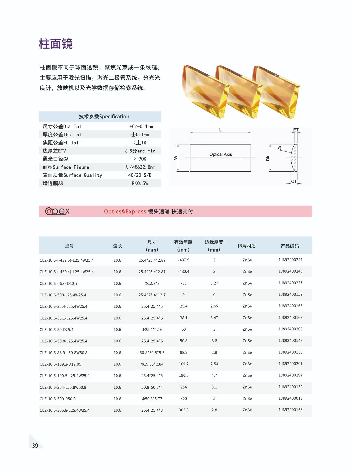 Wavelength photoelectric zinc selenide cylindrical lens optical lens focusing lens laser lens laser cutting